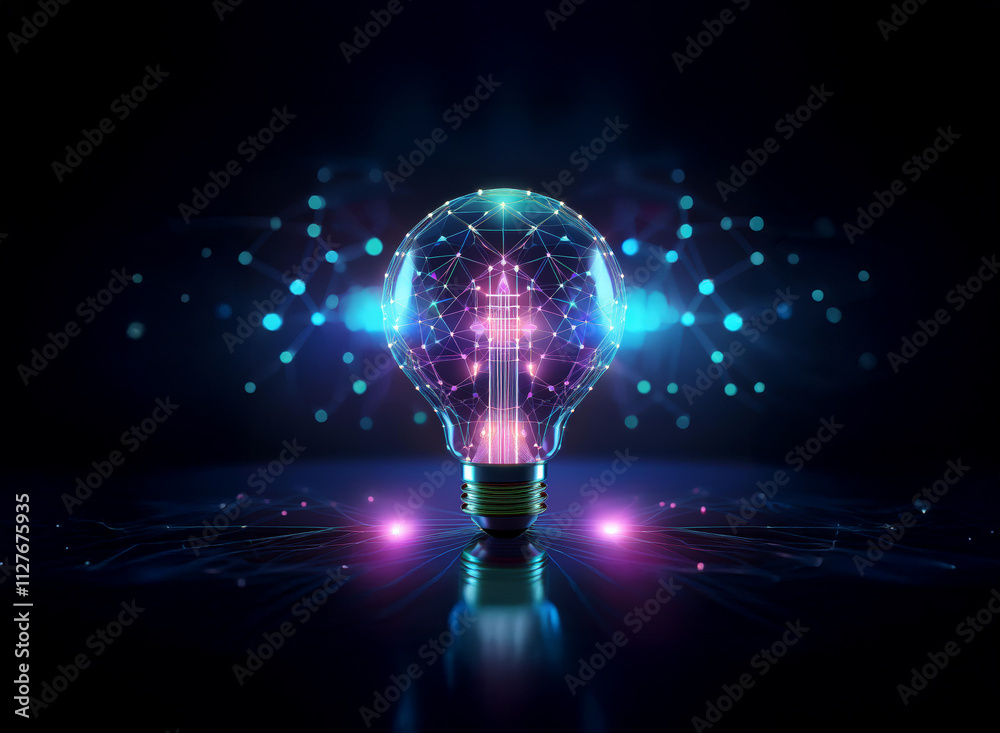 A glowing, geometric lightbulb radiates energy and connection, symbolizing innovation and digital progress. Particles stream outward, showcasing a network of ideas. A glowing, geometric lightbulb radiates energy and connection, symbolizing innovation and digital progress. Particles stream outward, showcasing a network of ideas.