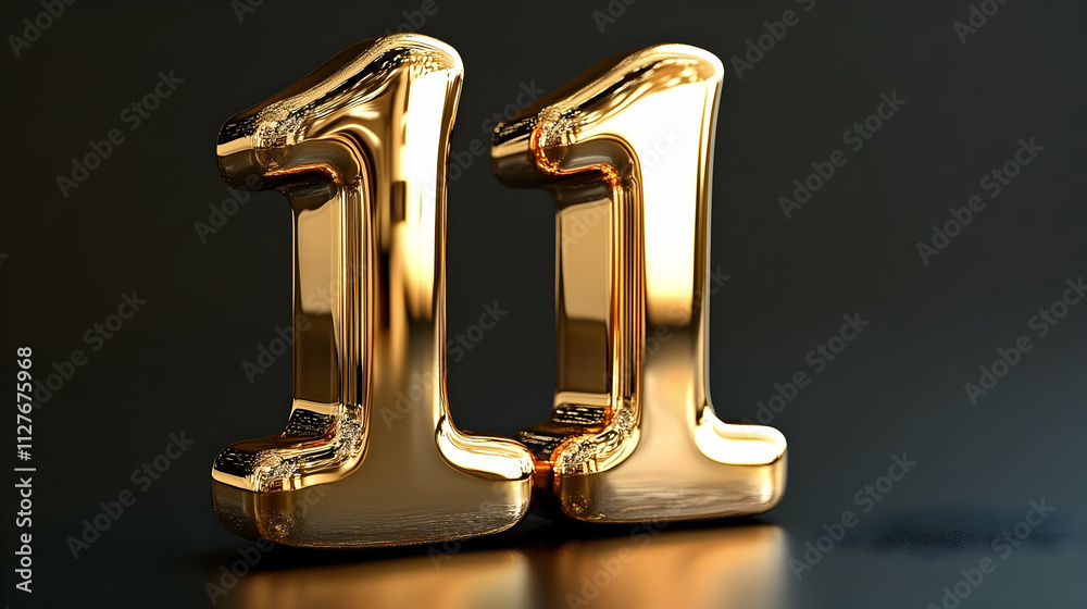 Golden Number Eleven: Shiny, Gleaming, Luxury, Elegant Design, Reflective Surface, Smooth Texture Golden Number Eleven: Shiny, Gleaming, Luxury, Elegant Design, Reflective Surface, Smooth Texture