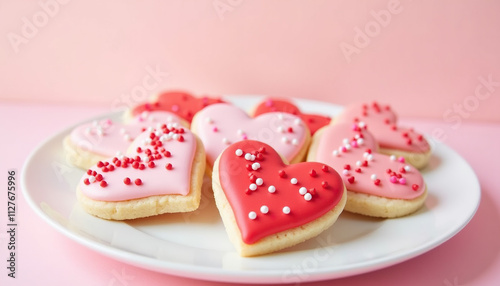 Valentine's Day cookies shaped as hearts with colorful icing displayed on white plate against pink background