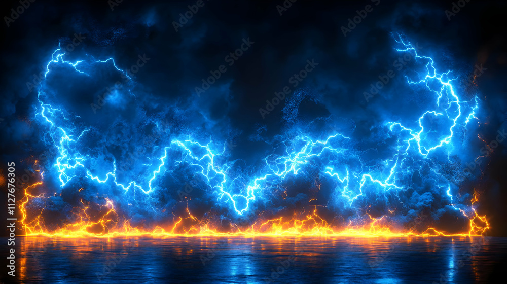 Fiery Blue Lightning Strikes Dark Sky, Intense Power Fiery Blue Lightning Strikes Dark Sky, Intense Power