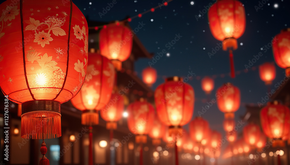 Lantern Festival with glowing red lanterns illuminating night street scene in festive atmosphere Lantern Festival with glowing red lanterns illuminating night street scene in festive atmosphere
