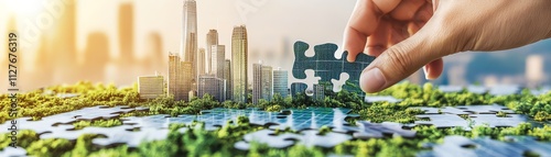 A hand connecting jigsaw puzzle pieces with a sustainable green city background