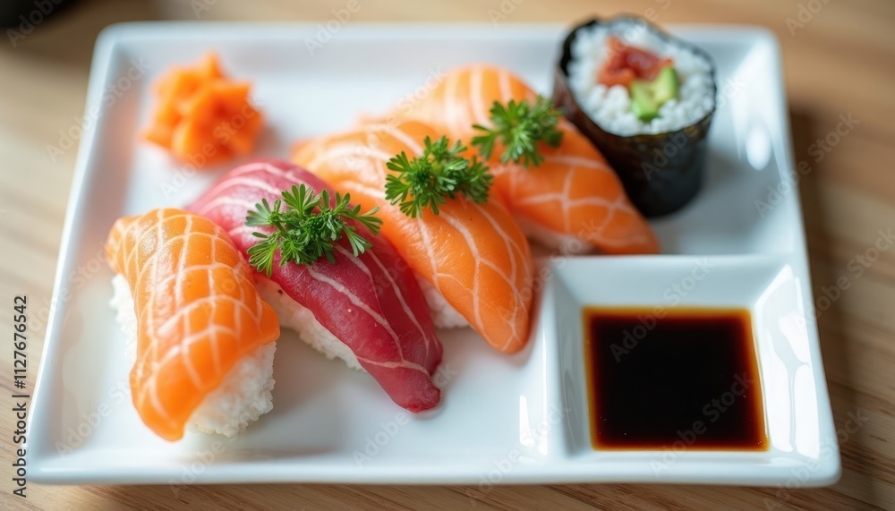 Assorted sushi, maki rolls served on plate with soy sauce. Colorful pieces of sushi including salmon, tuna. Japanese food items. Delicious looking, ready to eat. Great image for food stock photo Assorted sushi, maki rolls served on plate with soy sauce. Colorful pieces of sushi including salmon, tuna. Japanese food items. Delicious looking, ready to eat. Great image for food stock photo