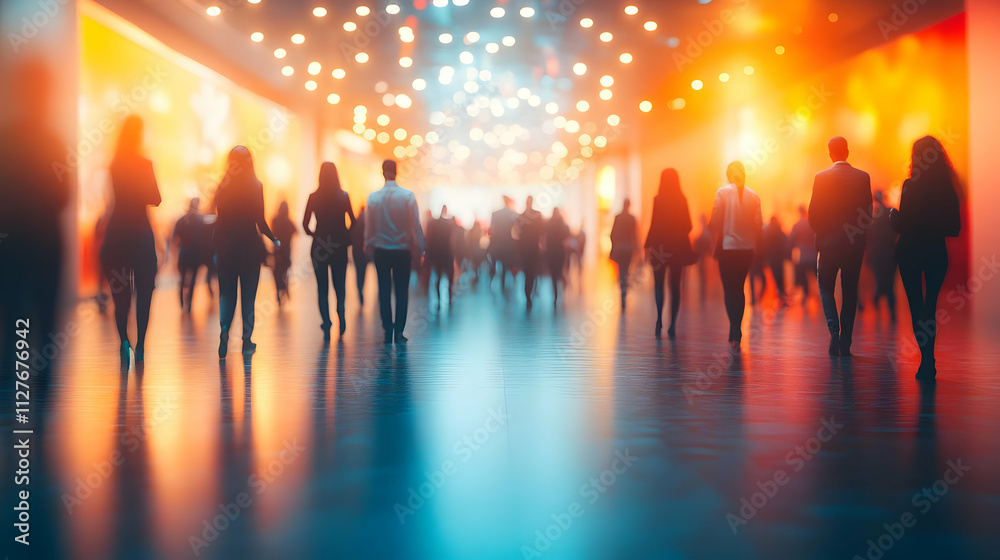 Crowds Moving Through Luminous Hallway, Evening Event Crowds Moving Through Luminous Hallway, Evening Event