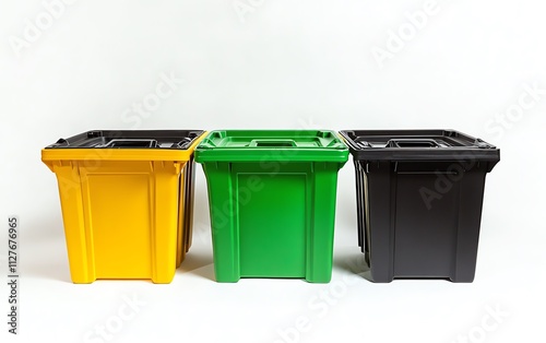 A trio of recycling bins in black, green, and yellow, isolated against a white background, showcasing the importance of waste management and recycling, highquality image