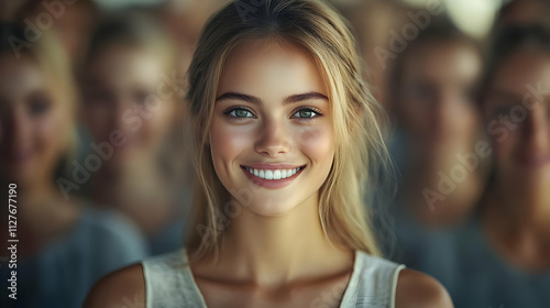 Smiling Woman, Happy Crowd, Positive Vibes, Joyful Expression, Radiant Beauty, Confident Posture, Inner Peace, Contentment, Genuine Smile, Bright Future