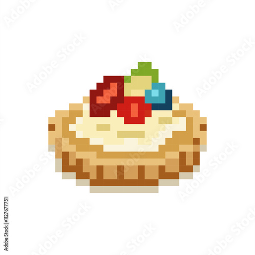 Pixel art of fruit tart. Pixelated tart cake. Food illustration pixel. 