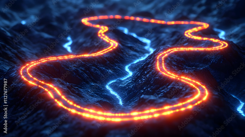 Obraz premium Glowing Trails Wind Through Dark Mountain Landscape