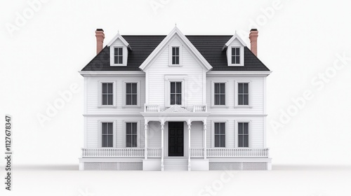 Classic White Victorian House with Black Roof and Brick Chimneys