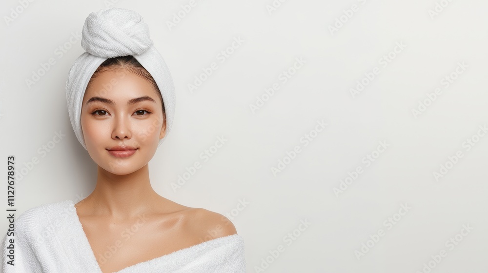 Beautiful woman with towel on head and calm expression in spa setting Beautiful woman with towel on head and calm expression in spa setting