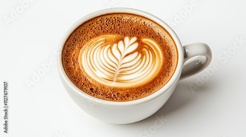 Creamy Coffee Cup with Beautiful Latte Art on White Background