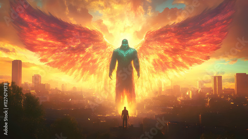 Fiery Angel Descends Upon Cityscape at Sunset