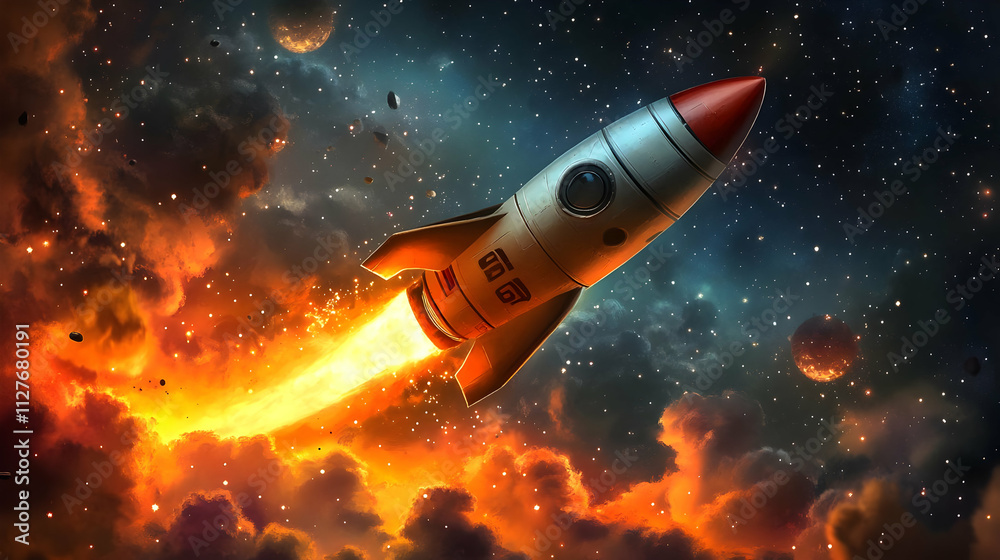Rocket Launches Through Cosmic Nebula, Fiery Trails Across Starry Sky