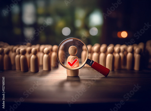A magnifying glass focuses on a single wooden figure, marked with a check, amidst a crowd of similar figures.  This symbolizes the selection of a candidate from a pool of applicants.