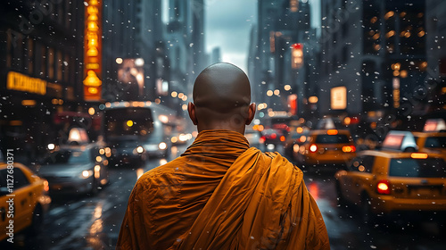 Monk Walks City Streets, Snow Falling Softly, Urban Serenity