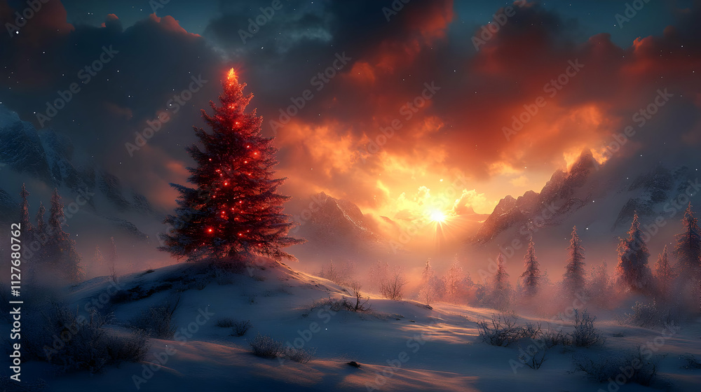 Snowy Mountain Sunset: Illuminated Christmas Tree Glows Snowy Mountain Sunset: Illuminated Christmas Tree Glows