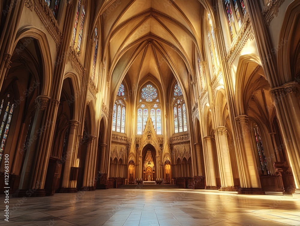 Sunlit Gothic cathedral interior, stained glass windows.