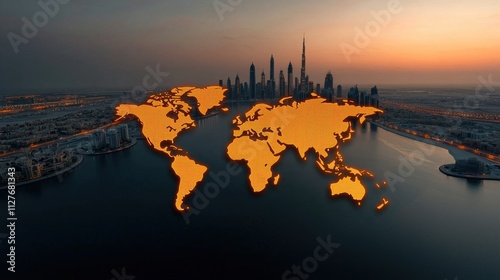 Dubai Skyline at Sunset Over Desert and Water