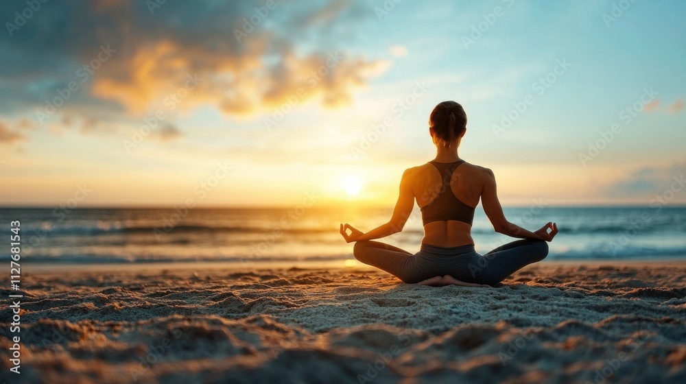 Serene Yoga Pose at Sunset on Sandy Beach Serene Yoga Pose at Sunset on Sandy Beach