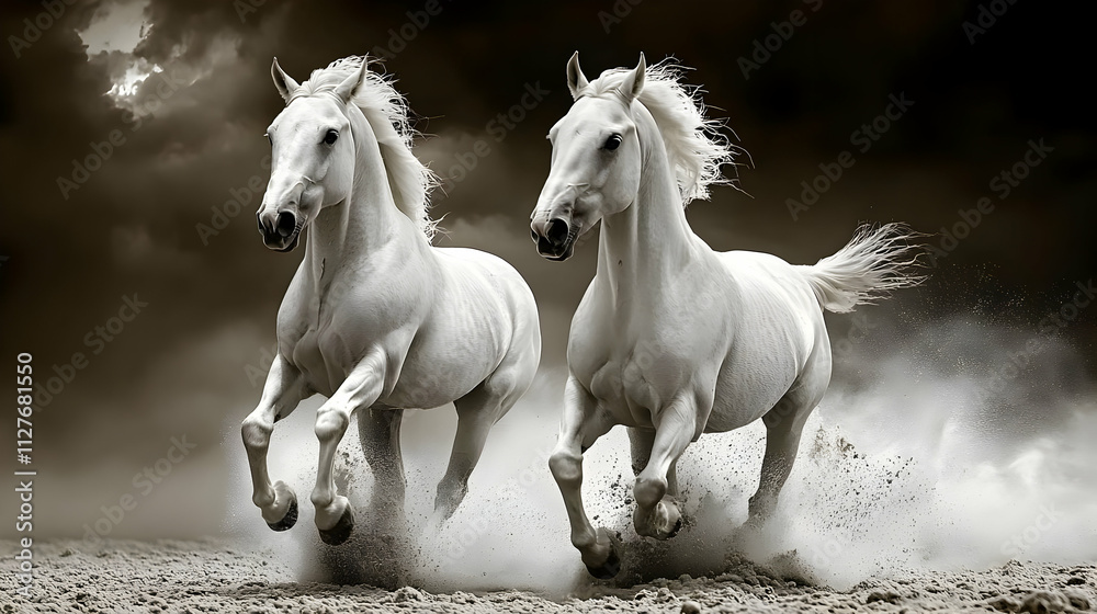 Obraz premium Majestic White Horses Galloping Freely Across Expansive Sandy Plains Under Dramatic Sky