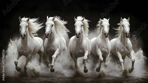 Majestic White Horses Galloping Through Water