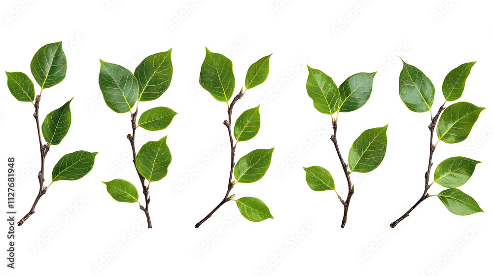 Fototapeta premium Twigs with green leaves (Cotoneaster lucidus) in a line arrangement isolated on white or transparent background