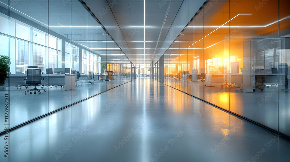 Modern Office Corridor Design: Glass Walls, Sunset Views, Polished Floors Modern Office Corridor Design: Glass Walls, Sunset Views, Polished Floors