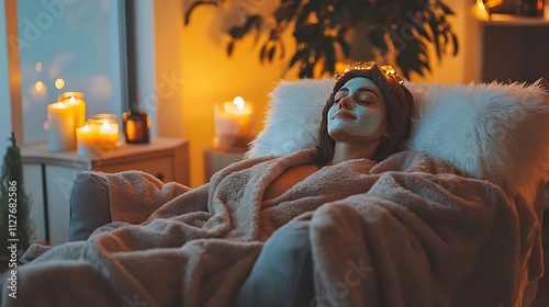 A person relaxing on a comfortable armchair, wearing a plush robe, with a face mask on, surrounded by candles and essential oils, promoting a self-care routine  photo