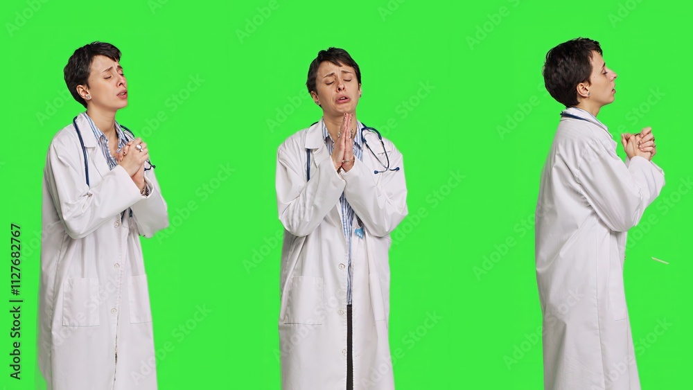Hopeful physician holding hands in a prayer sign against greenscreen backdrop, asking for peace and forgiveness in studio. Woman medic specialist in white coat does meditation. Camera B. Hopeful physician holding hands in a prayer sign against greenscreen backdrop, asking for peace and forgiveness in studio. Woman medic specialist in white coat does meditation. Camera B.