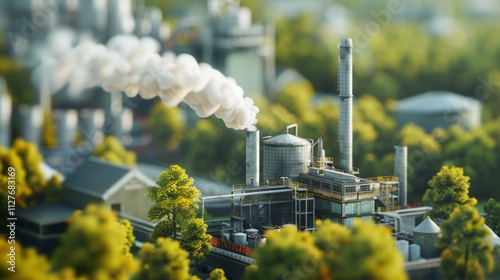 Industrial plant with smoke stacks, symbolizing carbon capture and emissions reduction.