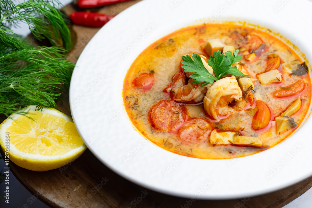 Prepared Tom Yum in a white bowl with shrimp. Prepared Tom Yum in a white bowl with shrimp.