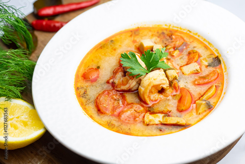 Prepared Tom Yum in a white bowl with shrimp.