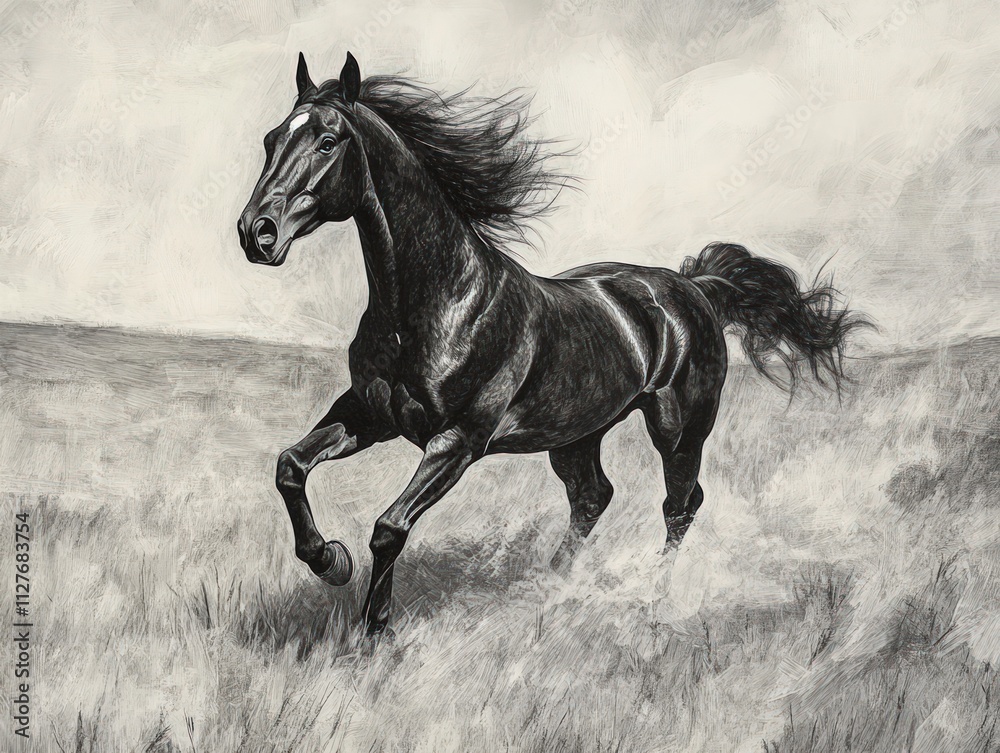 Black horse runs, mane windblown, grassy field. Black horse runs, mane windblown, grassy field.