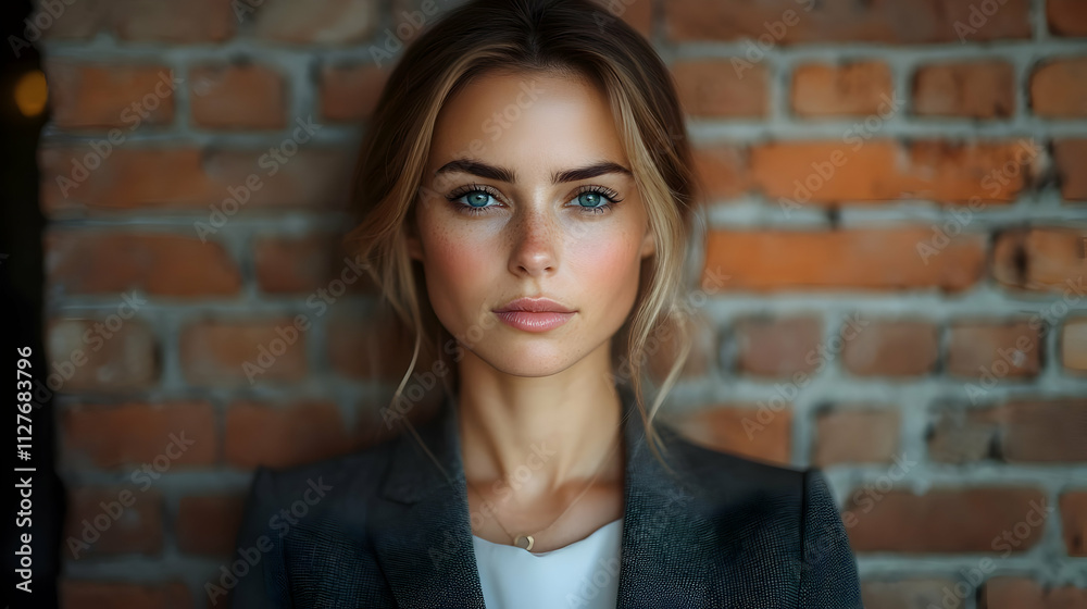 Woman with Freckles Poses Against Brick Wall, Natural Beauty Portrait, Captivating Gaze, Stunning Features, Effortless Elegance. Woman with Freckles Poses Against Brick Wall, Natural Beauty Portrait, Captivating Gaze, Stunning Features, Effortless Elegance.