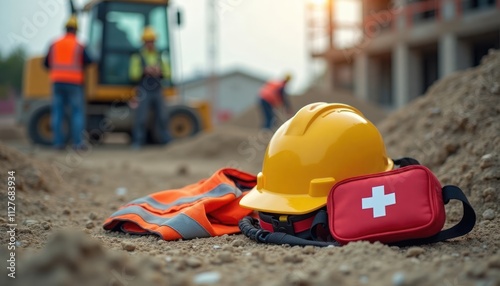 Construction site safety gear lies on ground. Yellow hard hat orange vest, red first aid kit symbolize safety, preparedness. Workers in background. Site active. Ready for emergencies. Protection photo