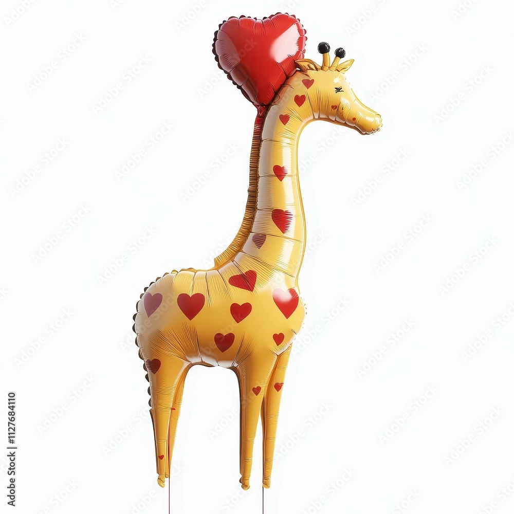 A cheerful giraffe-shaped balloon adorned with hearts and a love heart on top, perfect for celebrations and romantic occasions against a white isolated background. A cheerful giraffe-shaped balloon adorned with hearts and a love heart on top, perfect for celebrations and romantic occasions against a white isolated background.
