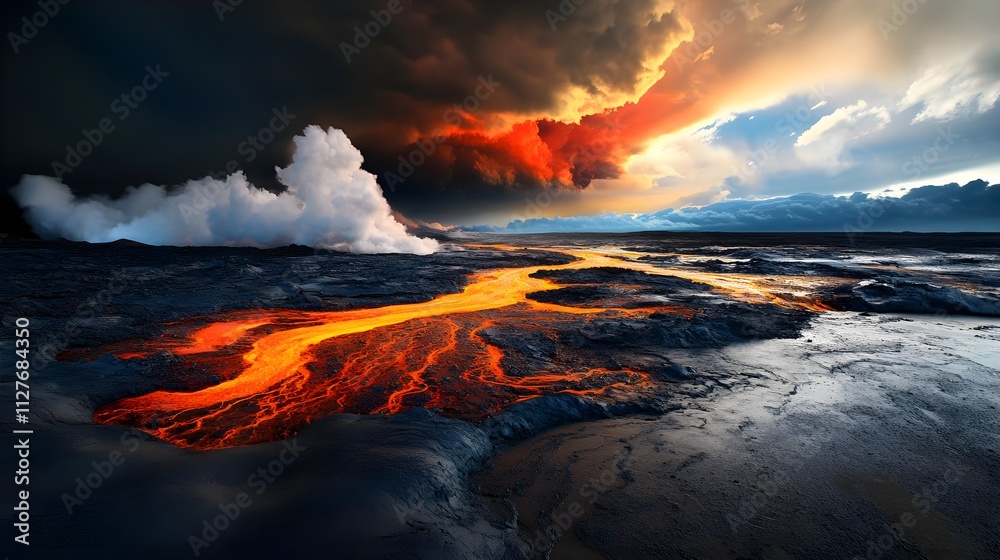 Fototapeta premium Volcanic Lava Flow Dramatic Sunset