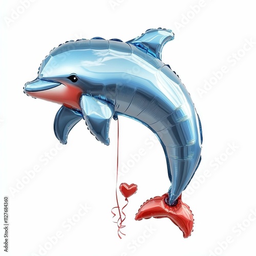 A vibrant, shiny dolphin balloon in blue and red, floating gracefully with a heart-shaped attachment, perfect for celebrations and festive occasions. isolated on a white background
