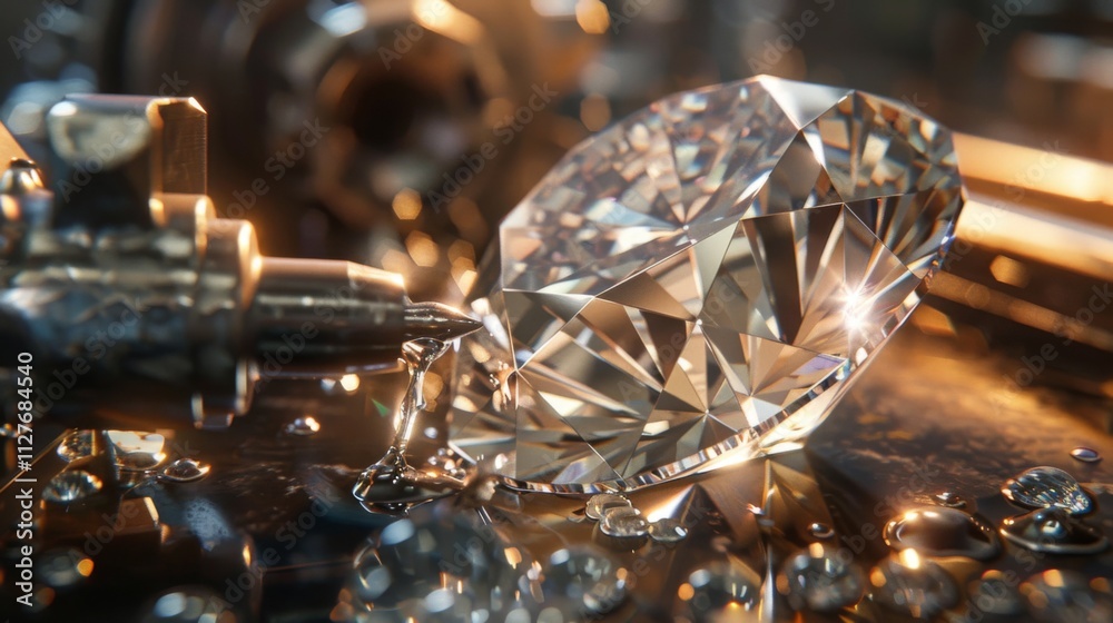 Precision machinery cutting a synthetic diamond, highlighting technology and craftsmanship.