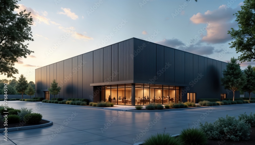 Modern warehouse exterior with small office unit. Dusk light falls on large dark building with section of glass office space. People inside office area. Parking area, landscaping surround building. Modern warehouse exterior with small office unit. Dusk light falls on large dark building with section of glass office space. People inside office area. Parking area, landscaping surround building.