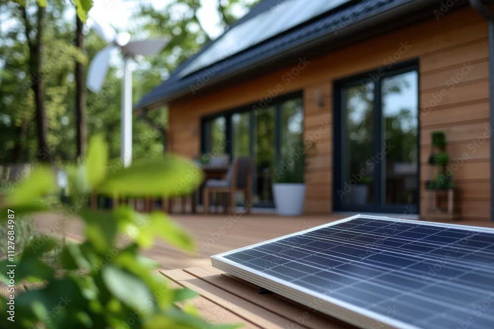 Fototapeta premium A modern home featuring solar panels, surrounded by lush greenery and a wooden deck, showcasing sustainable living in harmony with nature and contemporary architecture.