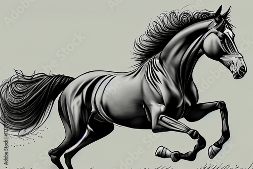 Black and white drawing of horse running. Drawing of horse with gray background. Black and gray drawing of horse with a black pencil. A black and gray pencil drawing a horse on lifestyle a gray. photo