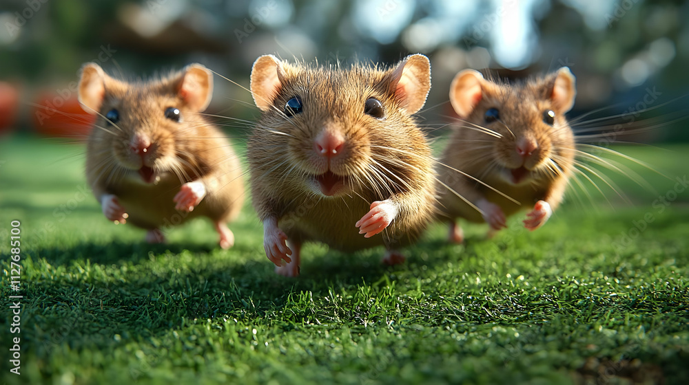 Three Mice Run Across Green Grass Joyfully Three Mice Run Across Green Grass Joyfully
