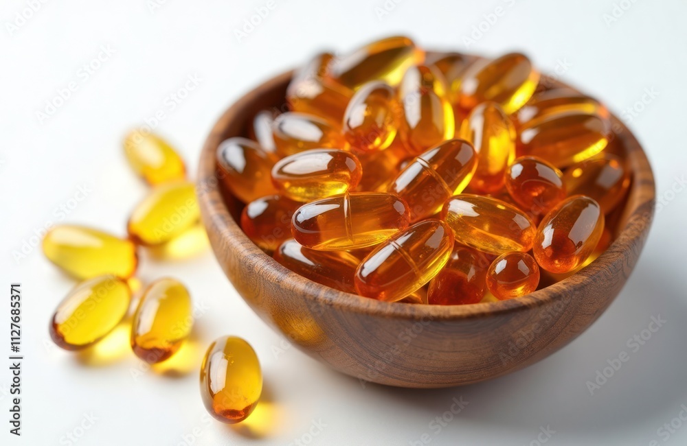 Close up shot of fish oil capsules in wooden bowl on white background. Healthy supplement for nutrition, well-being. Transparent capsules contain omega 3, vitamin. Natural dietary supplement for Close up shot of fish oil capsules in wooden bowl on white background. Healthy supplement for nutrition, well-being. Transparent capsules contain omega 3, vitamin. Natural dietary supplement for