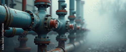 Close-up industrial pipes release steam. Metal valves, rusty pipes in foreground. Foggy background adds eco theme. Factory machinery, fog create industrial scene. Potential eco-friendly tech themes photo