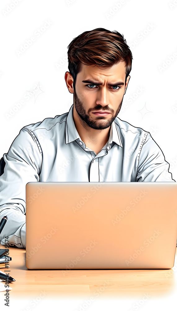 Portrait of dissatisfied male watching at notebook computer while situating at desk. Uneasy employer at labor concept isolated with white highlights, png Portrait of dissatisfied male watching at notebook computer while situating at desk. Uneasy employer at labor concept isolated with white highlights, png