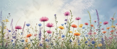 Whimsical watercolor illustration of whimsical wildflowers, composition, watercolor