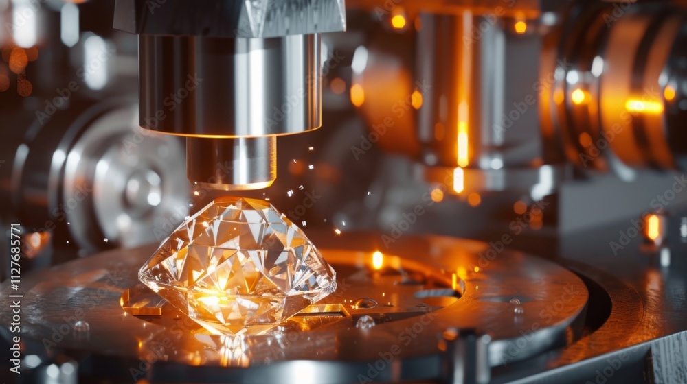 Precision machinery cutting a synthetic diamond, highlighting technology and craftsmanship. Precision machinery cutting a synthetic diamond, highlighting technology and craftsmanship.