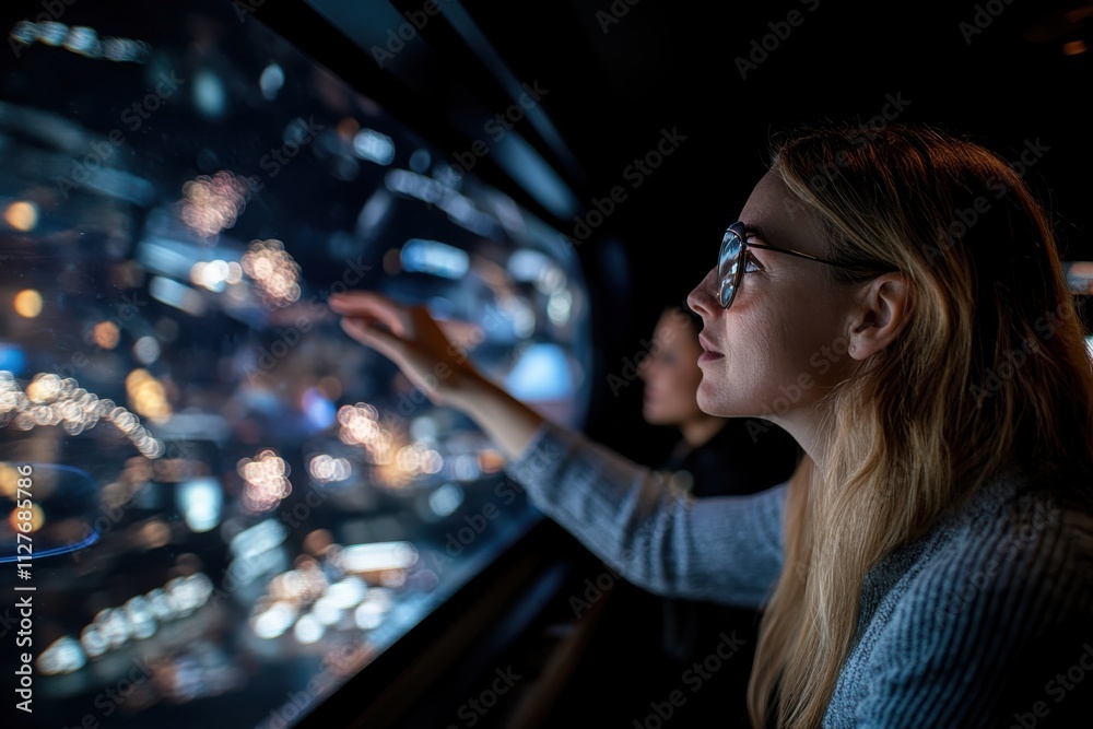 A woman gazes intently at a high-tech display, intrigued by the shimmering visuals and dynamic patterns that combine art and technology in a breathtaking setting. A woman gazes intently at a high-tech display, intrigued by the shimmering visuals and dynamic patterns that combine art and technology in a breathtaking setting.
