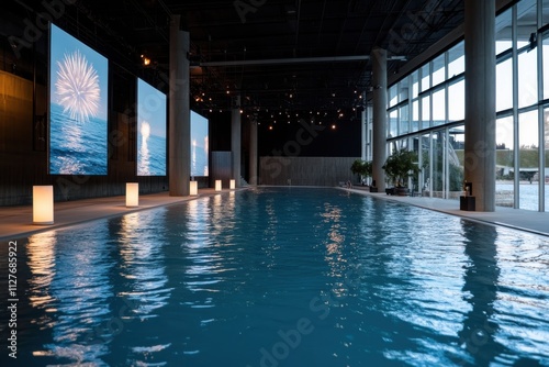 A luxurious indoor pool area enhanced by large digital screens displaying serene imagery, creating a tranquil and elegant space that merges leisure with modern technology. photo